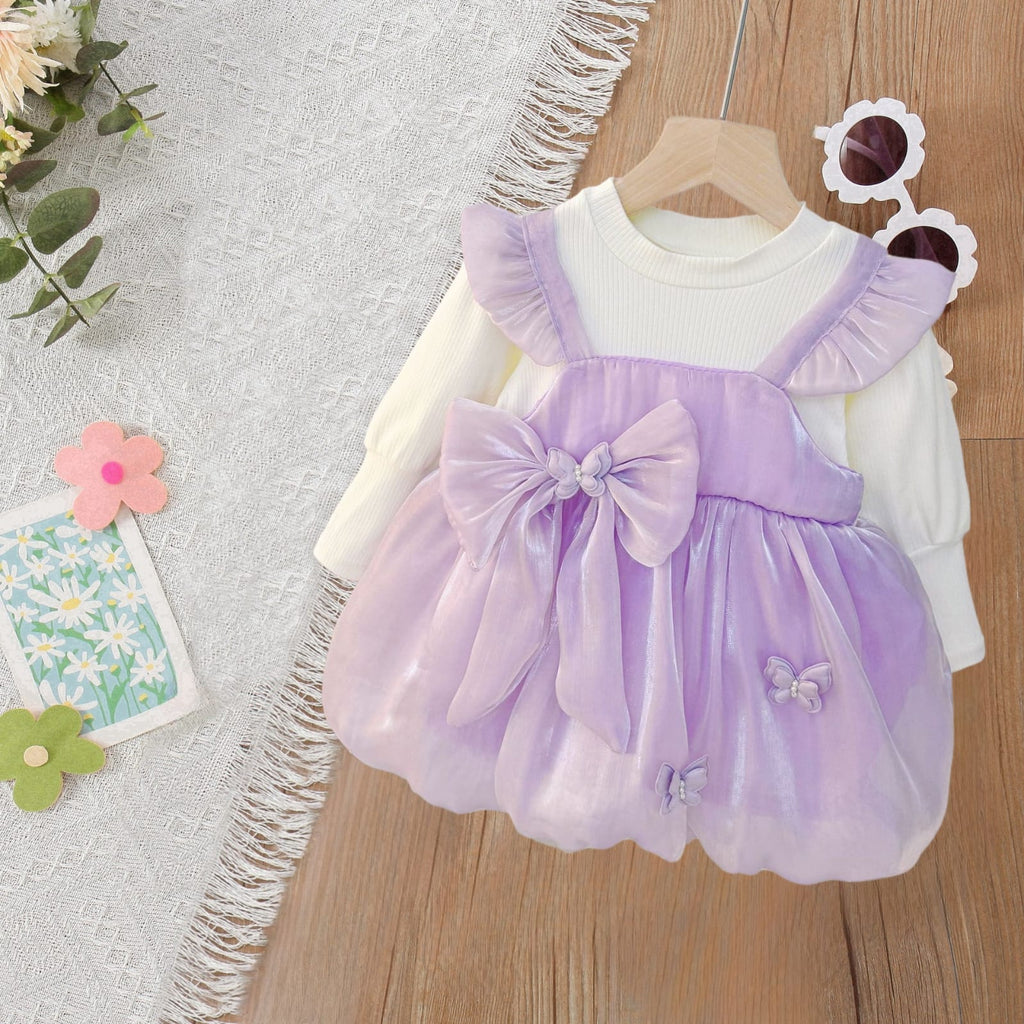 Imported Girls Korean Style Frock - Purple X White
