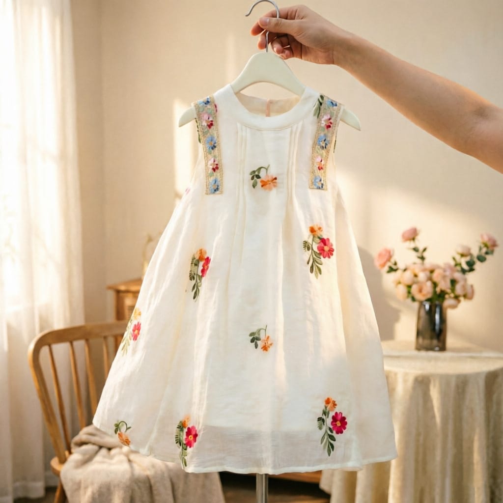 Imported Girls Korean Style Frock - Bone