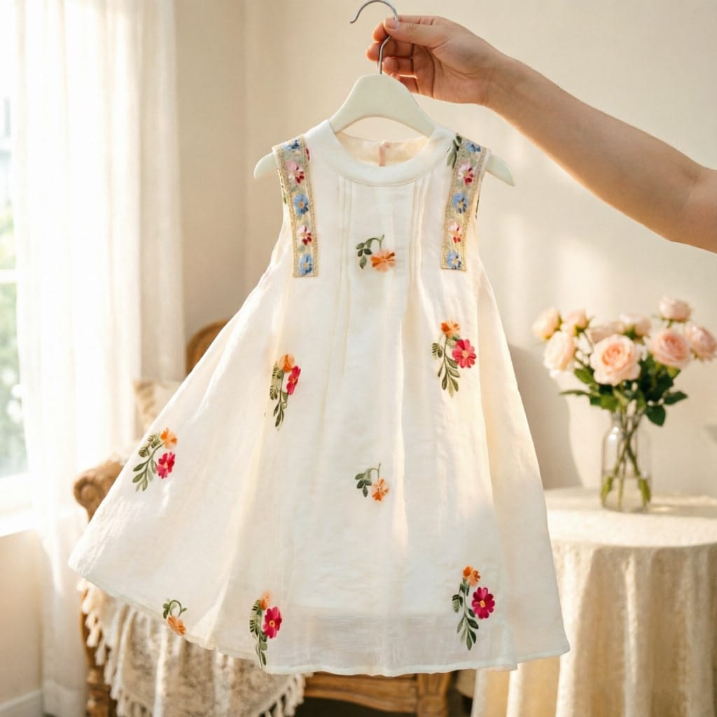 Imported Girls Korean Style Frock - Bone