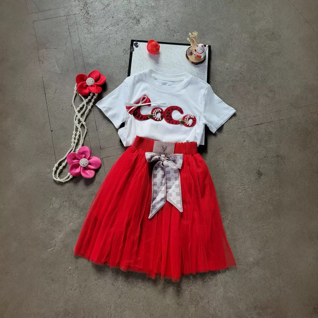 Imported Girls Korean Style Frock - White X Red